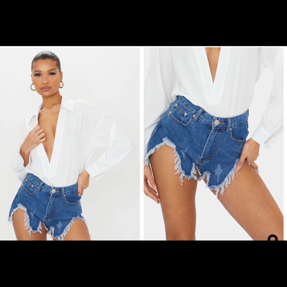 Mid Wash Extreme Thigh Rip Denim Short